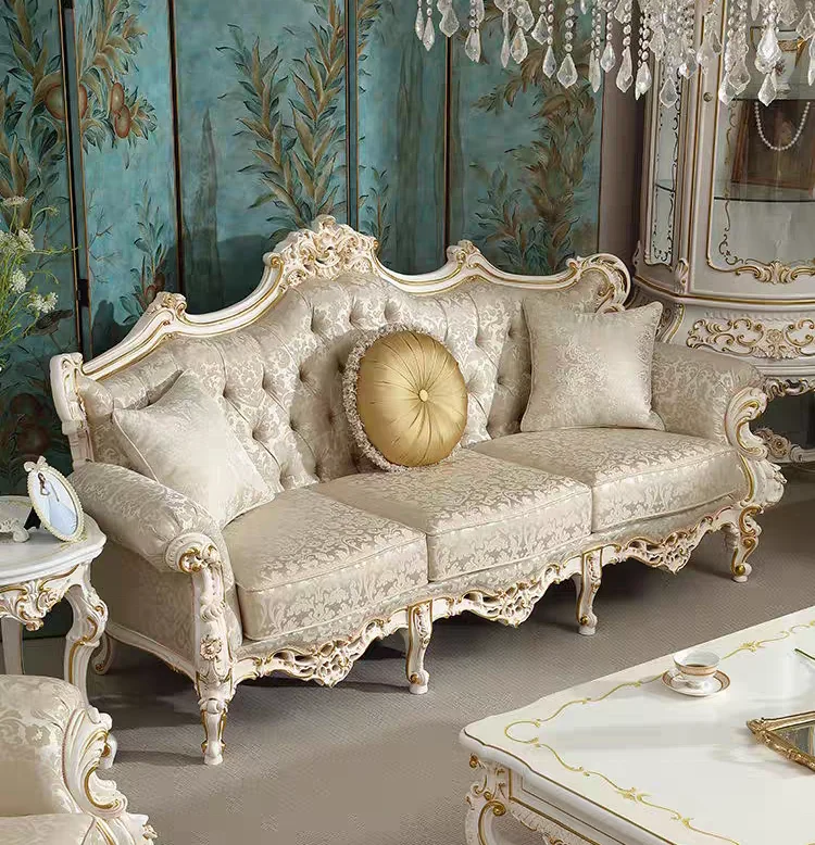 French Rococo Style Cream Fabric Luxury Sofa Set Luxury European Solid Wood Carved Furniture for Hotel Living Room Application