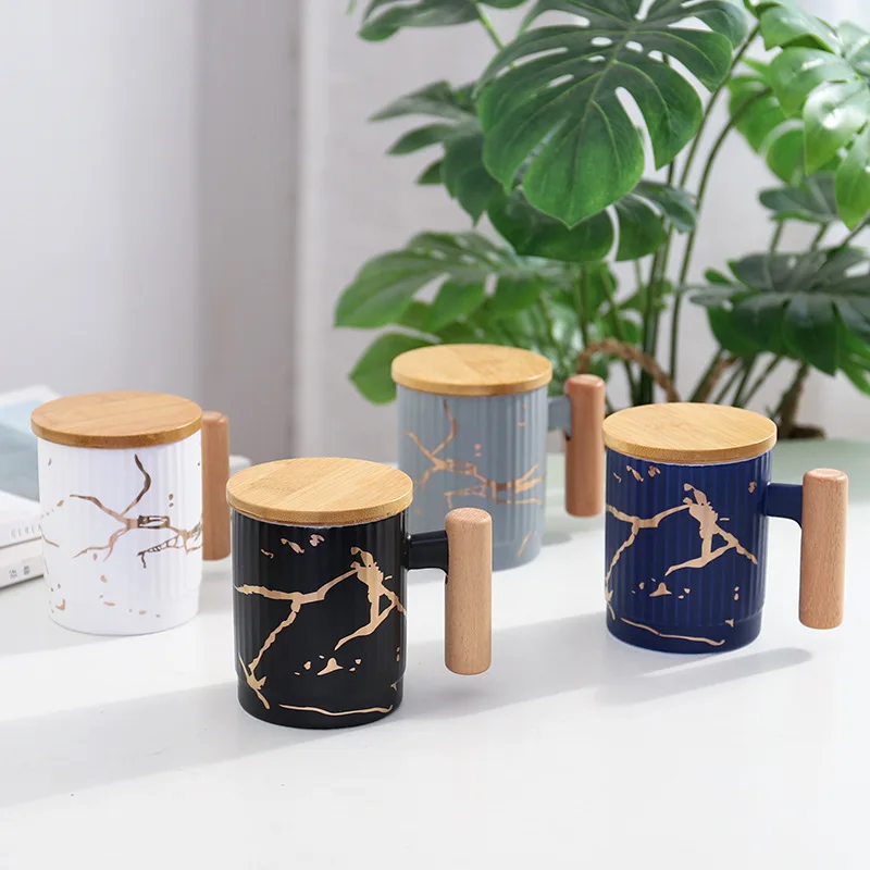 
personalized ceramic mug wholesale customized porcelain tea mug with wooden handle and Infuser tea ceramic coffee cup with lid 