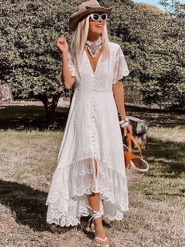 Bohemian White Lace Maxi Dress Women Summer Short Sleeve Floral Embroidery Long Dress Female Elegant Retro Casual Beach Sundress