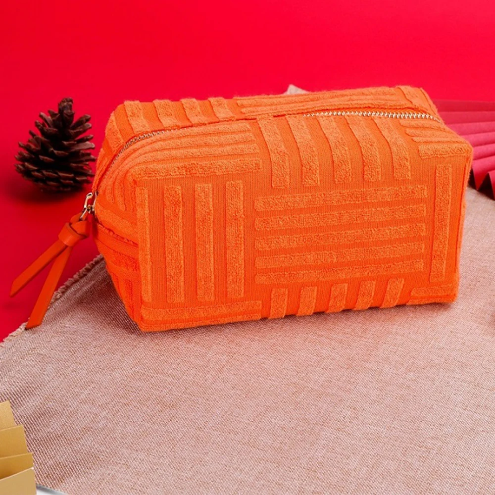 Practical waterproof Mini Soft Stripe terry cloth cosmetic bags custom logo wholesale Custom Cotton Makeup Bag for women