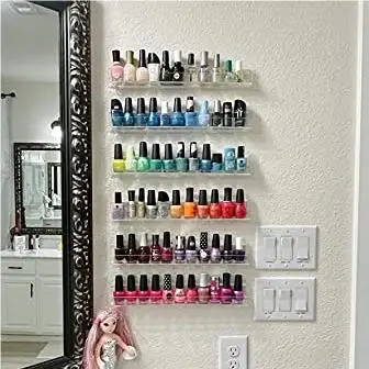 6 Pack Acrylic Clear Nail Polish Wall Mounted Holder, Nail Polish Shelf with Removable Anti-slip End Inserts for Store/Bathroom