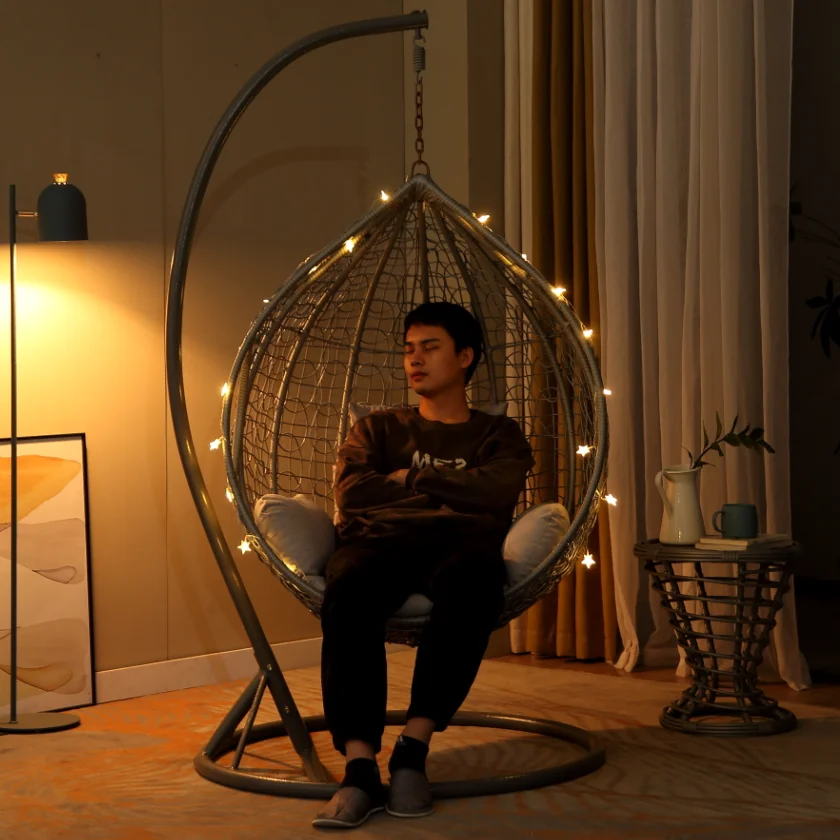 Hot Sell  Outdoor Hanging chairs Rattan patio egg chair wicker swing  Large Chairs with support table outdoor living room