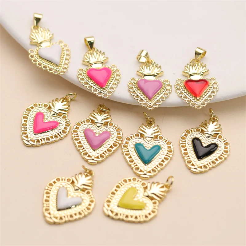 Enamel Colorful Heart Pendant Jewelry Making Necklace Bracelet Charm Accessories Diy Gold Plated Pendants For Teen Girl Women