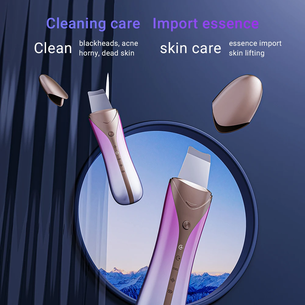 Home Use Skin Blackhead Peel EMS Face Lifting Remover Cleaner Ultrasonic Facial Skin Scrubber Face Spatula