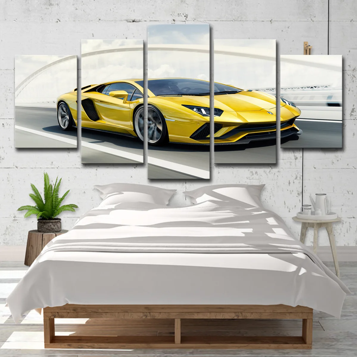 High Resolution 5 Panel Sport Super Car Yellow Lamborghini Polyester Canvas Art Print With Water-Proof