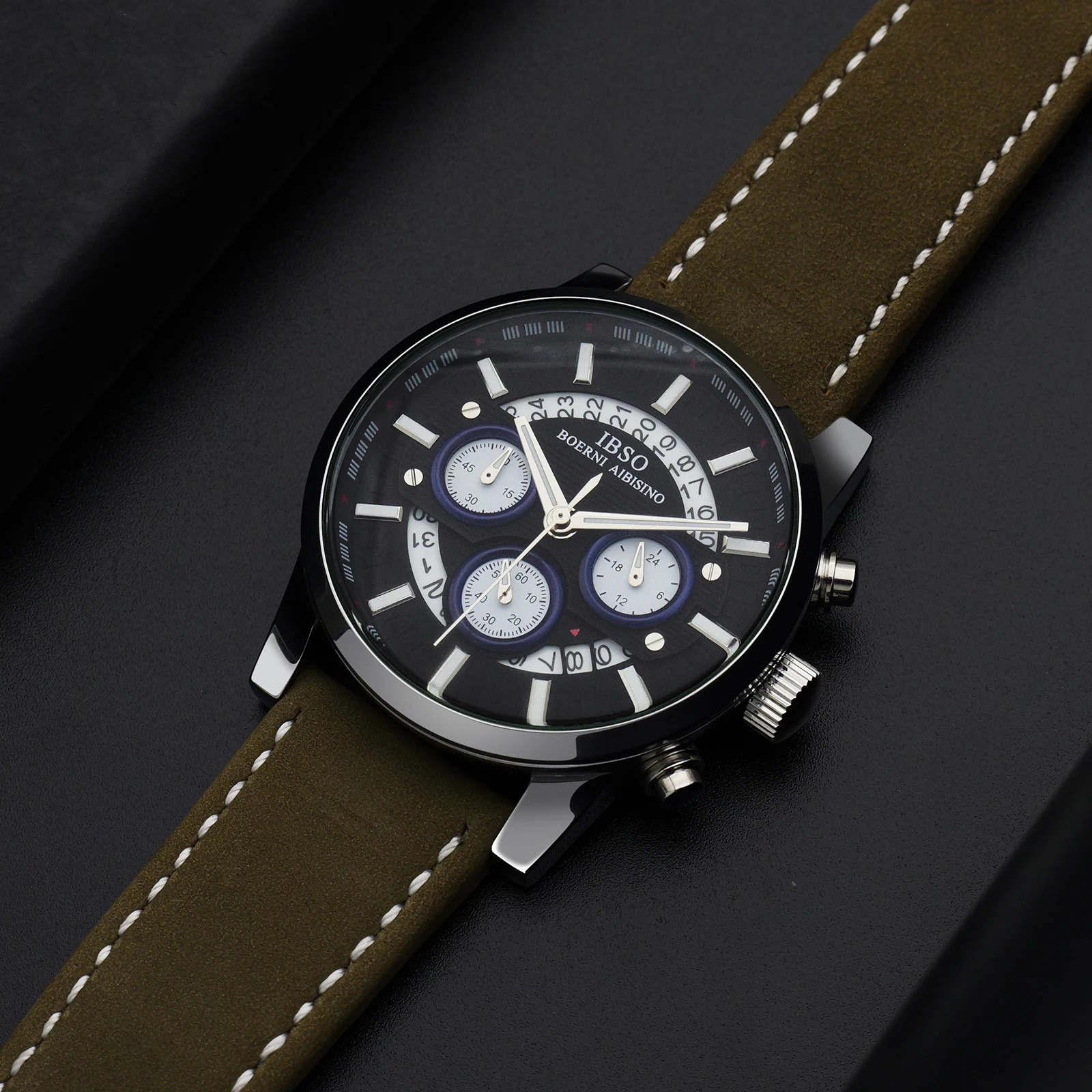 IBSO High Quality Quartz Watch Men Business Style Case 22mm Leather Strap 3Bar Water Calendar Chronograph Design Buckle Seiko