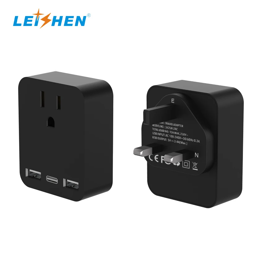 US to UK Plug Adapter US to British Ireland UAE Travel Adapter With 10A Fuse 3 USB A C Converter for America Canada Japan Mexico