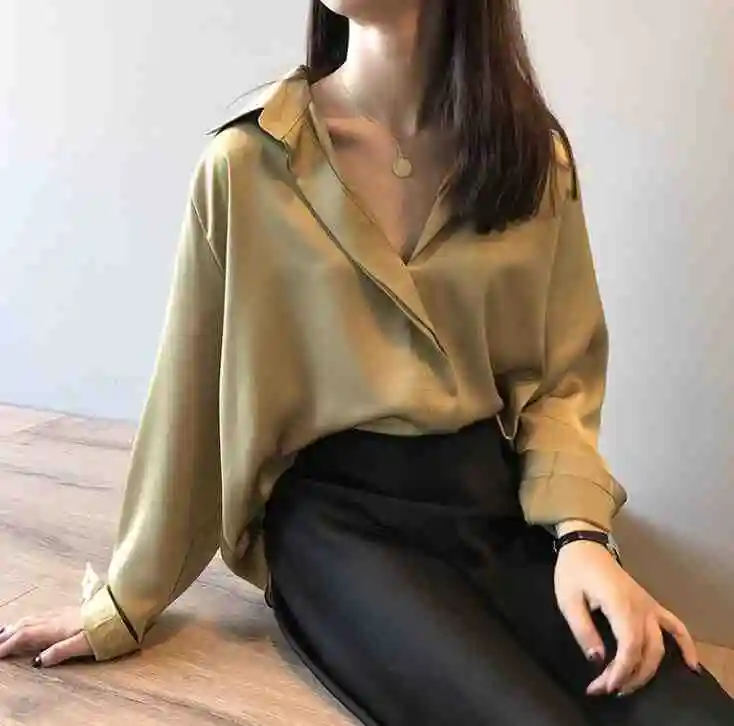 autumn new temperament satin shirt female long-sleeved shirt loose solid color shirt