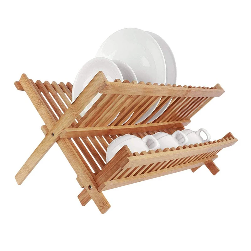Wholesale Bamboo Dish Drying Rack 2-Tier Multifunctional Collapsible Drainer for Kitchen Counter Organizer Space Saver