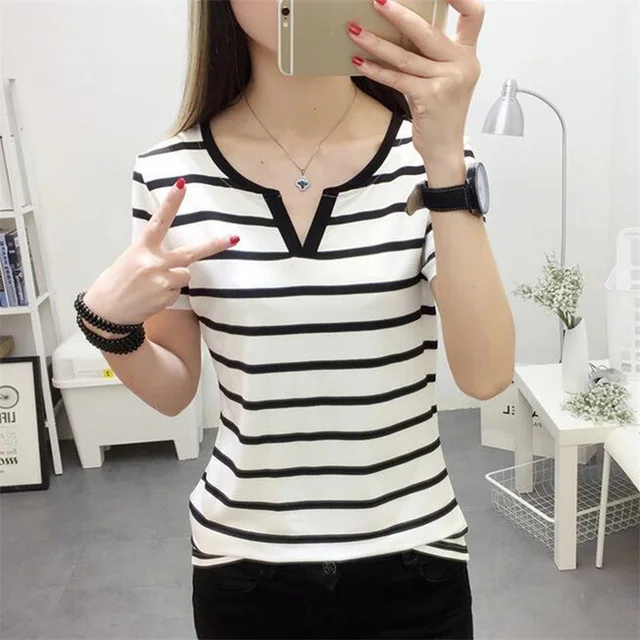 Stripes Womens T-Shirt V Collar T Shirts Skinny Half Sleeve Clothes Women Slim Under Wear Tshirt Casual Top Tees For Female