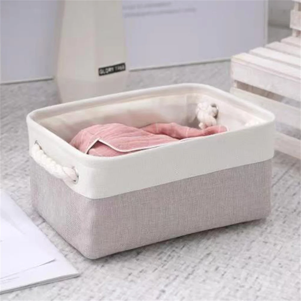 Linen Storage Bins with Sturdy Cotton Handles Fabric Storage Baskets for Home or Office Closet Organizing Books Clothes Toys