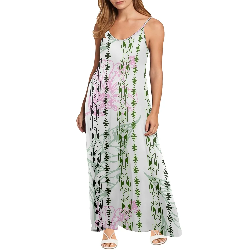 1MOQ Custom Logo Print Ladies Long Maxi Dresses Polynesian Tattoo Women Summer Casual Spaghetti Strap V Neck Sleeveless Dress