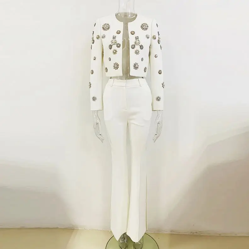 Bettergirl Presale 2024 Round Neck Heavy Industry Beads Short Jacket Split Flared Pants Suit