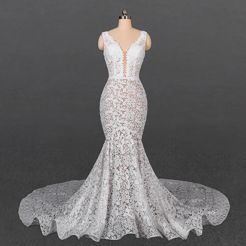 XINEN   High-end customized sexy backless double shoulder v-neck large tail slim slim fishtail lace wedding dress