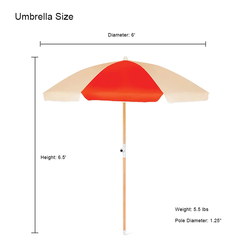 6FT Premium Quality UV 50+ Sun Protection Double-sided Printing Canopy Reclaimed Timber Pole Warm Red Vintage Beach Umbrella