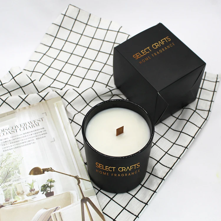 Wholesale Custom Wood Wick Logo Printed Matt Black Glass Scented Candle