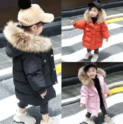 
Boys Girls Kids Padded Coat Winter Jacket Puffer Fur Hooded Long Parka Coats 