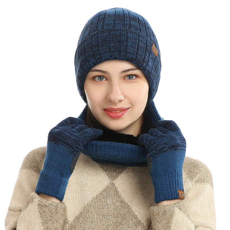 Unisex Knitted Hats Gloves Scarves Winter Warm Plush Knitted Scarf Hat Gloves Set