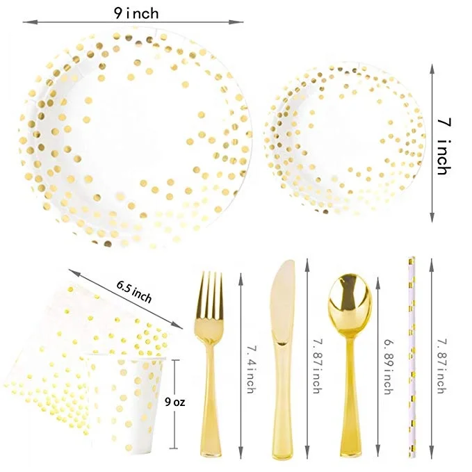 202 шт Золотой одноразовая посуда набор для вечеринок по случаю Дня рождения спортивные шаровары в Золотой горошек, столовые приборы