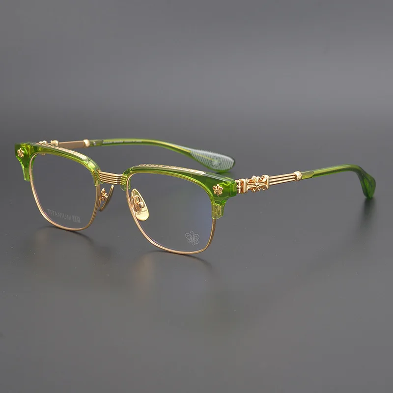 High Quality Handmade Carved Eyewear Pure Titanium Medium Gold Glasses Luxury Italian Acetate Half Frame Myopia Glasses Frame