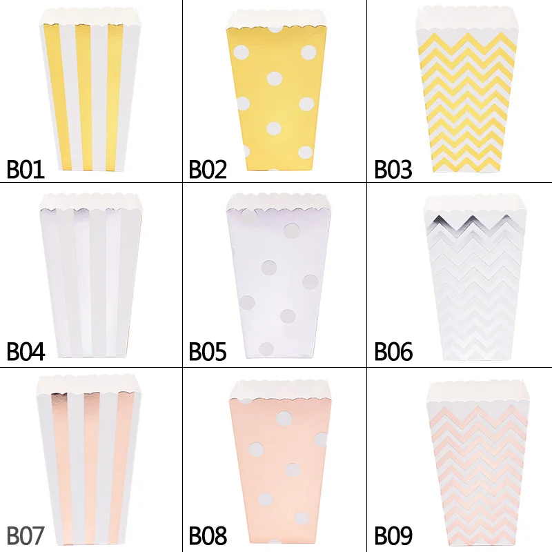 
Fashion Custom Printed Paper Popcorn Box Gold Silver Dot Wave Striped Paper Popcorn Corn-Candy Disposable Box 