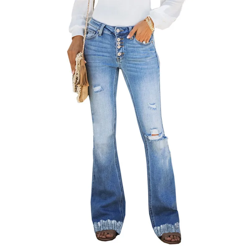New arrival vintage high waist soft Bell bottom bootcut tassels denim fabric jeans