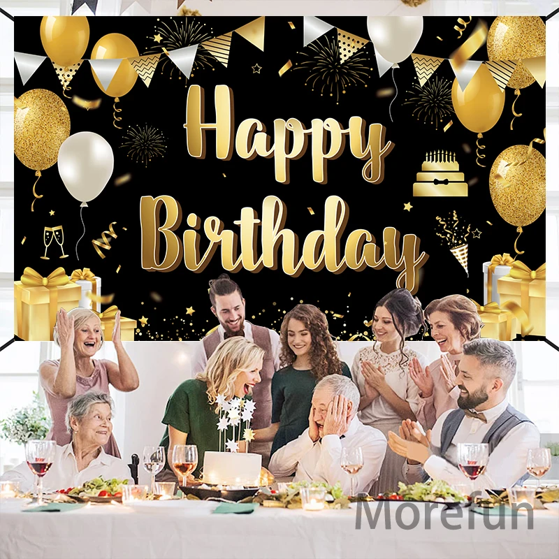 Happy Birthday Banners Party Backdrop Large Black Gold Balloon Birthday Party Decorations For 50th Birthday