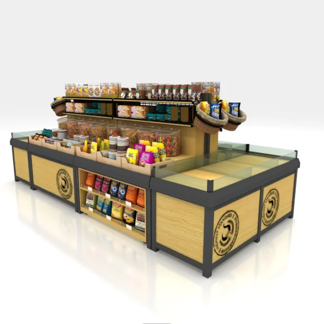 2021 new design wooden board supermarket bulk foods snack food display cabinet storage case shelf