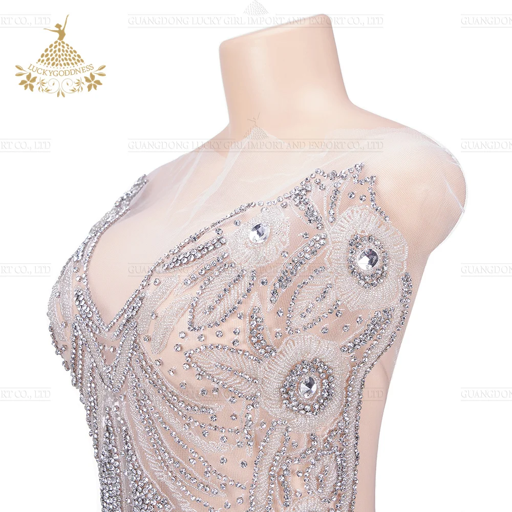 Hand Beaded Embroidered Rhinestone Big Applique Trim Great for Noble Neckline Bodice Wedding Bridal Prom Dress (Silver)