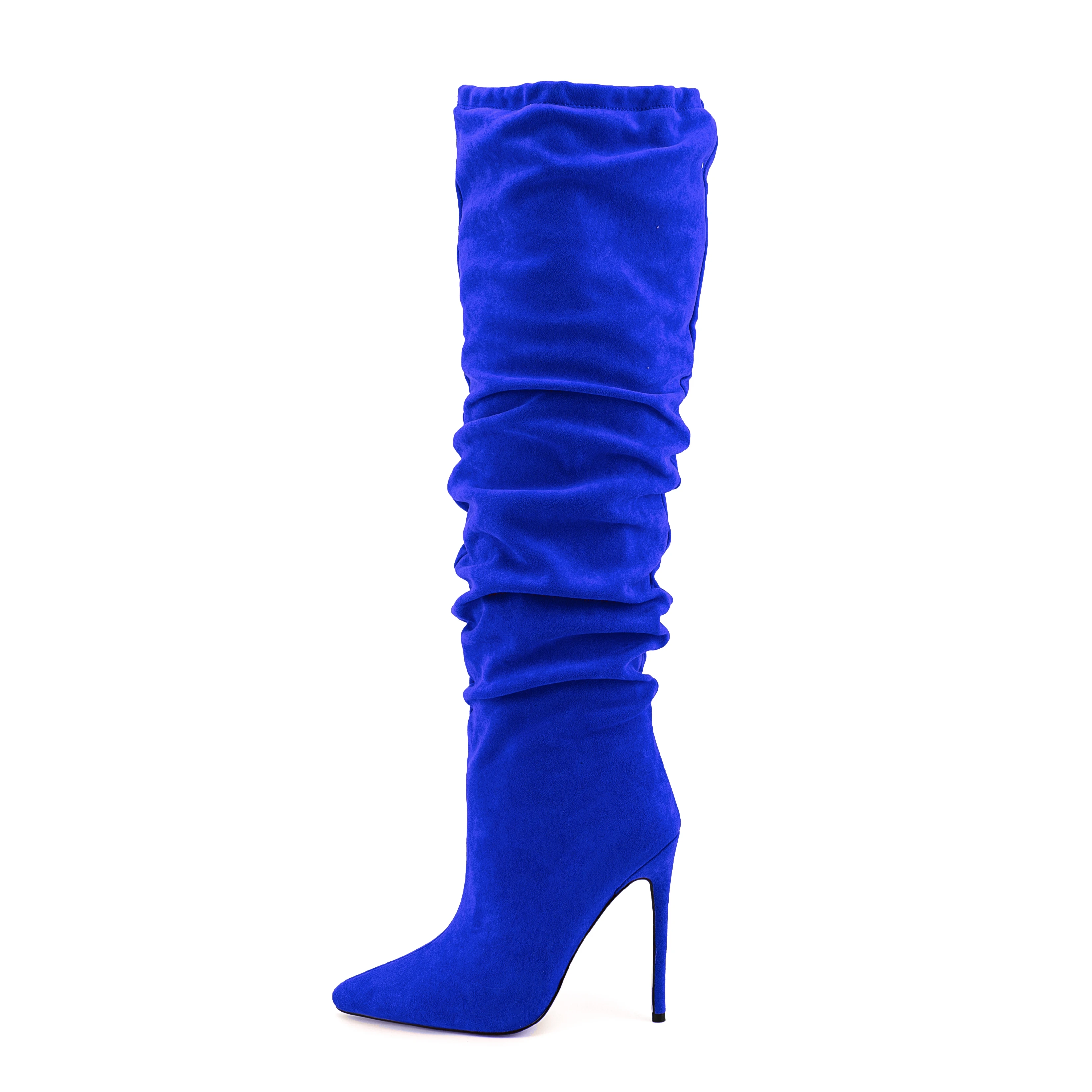 Sexy Point Toe Wide Shaft Stiletto Heels Women Royal Blue Faux Suede Fashion Winter Ruched Knee High Boots