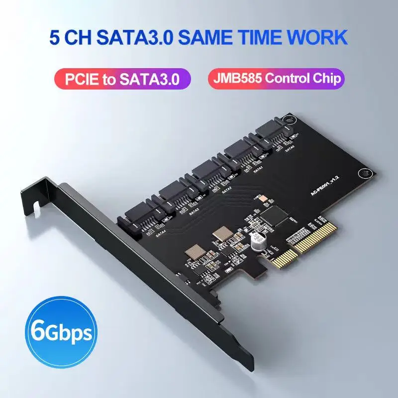 High Efficiency JMB585 Control Chip 6Gbps Expansion Card 5 Port PCIE to Sata3.0 Converter for HDD SSD