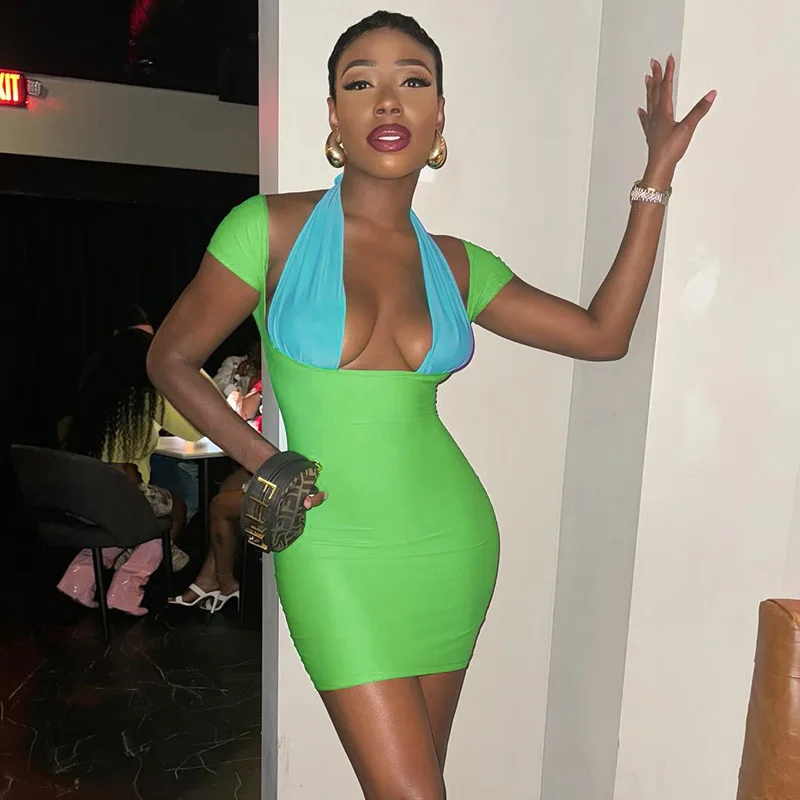Best Quality Casual Party Short Sleeve Halter Bodycon Knit Mini Dress Women