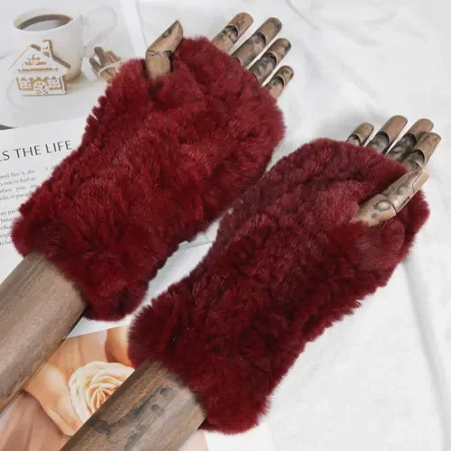MWFur Fashion Elastic Hand Knitted Winter Warm Girl Fingerless Gloves Rex Rabbit Fur Gloves Mittens For Lady Girls