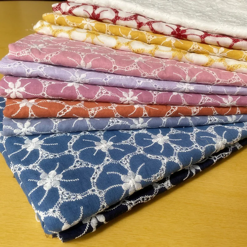 Colorful Cotton Embroidered Fabric White Flowers Wholesale Dress Fabric