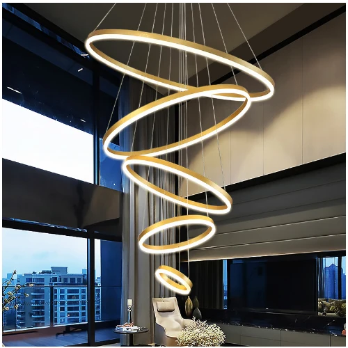 Big Modern Hotel Lobby Living Room Staircase High Ceiling Circle Hang Pendant Light Round Black Led Ring Chandelier
