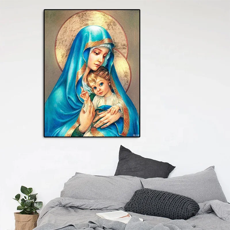 Vintage Religion Virgin Mary Baby Jesus Nordic Poster Wall Pictures For Living Room Home Decor Wall Art Canvas Painting Framed