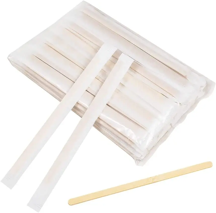 100pcs Disposable Bamboo Stirring Flat Individual Paper Wrapped Bamboo Stir Stick Espresso Coffee Stirrer
