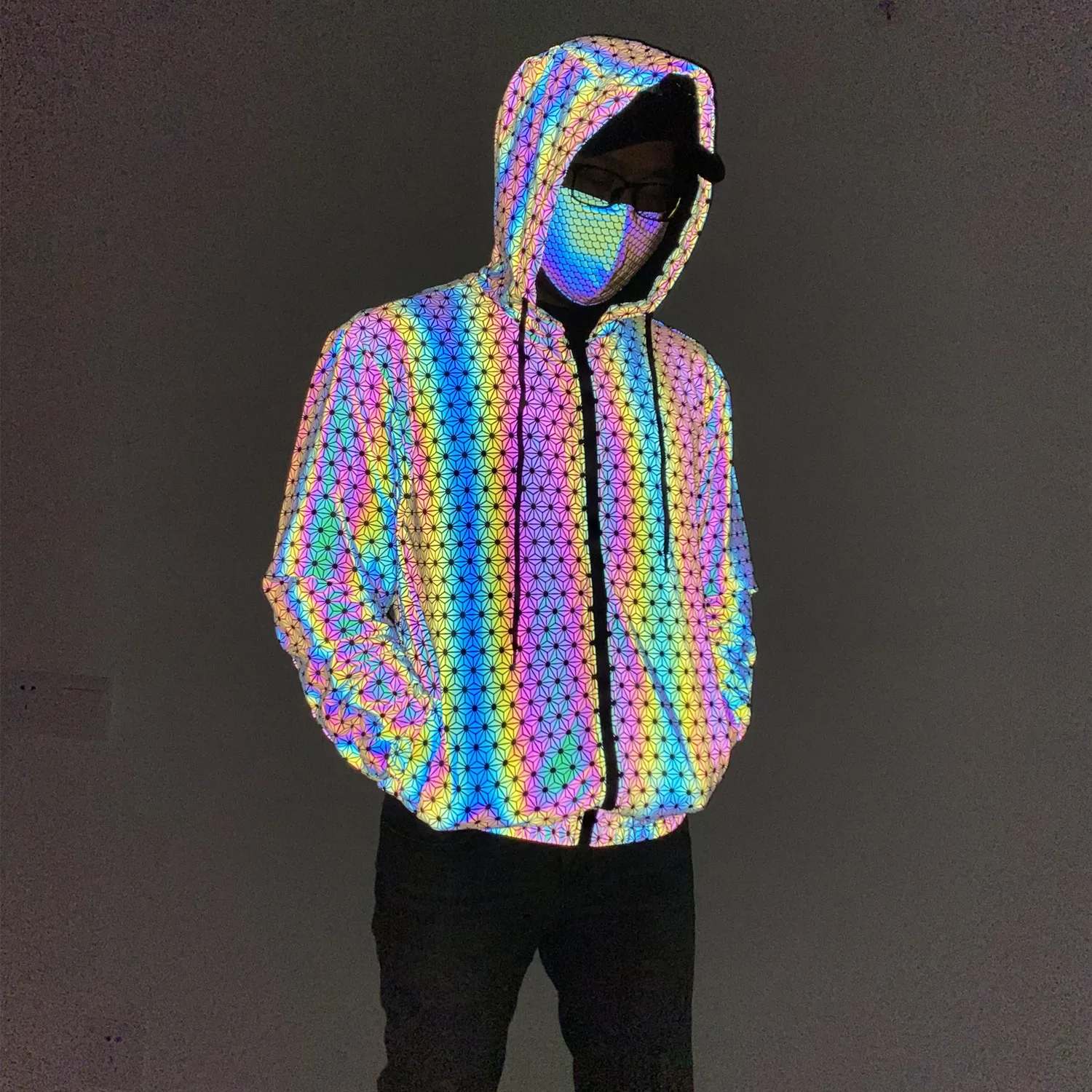 unisex waterproof outdoor streetwear rainbow color reflective long plus size men women safety luminous down coat hip hop jacket