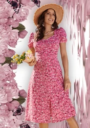 2022 fashion Floral print ladies midi dress short sleeve Korea style polyester Summer girl casual maxi dresses