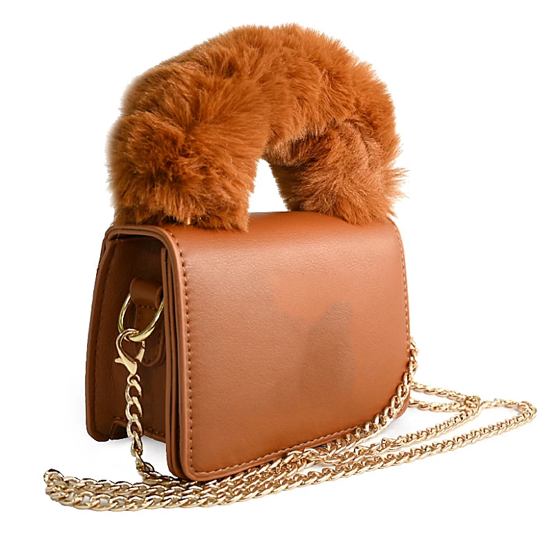 2021 new design matching ny fur purse and hat set Chain Fur Handle warm women purses and handbags ladies  Handbags