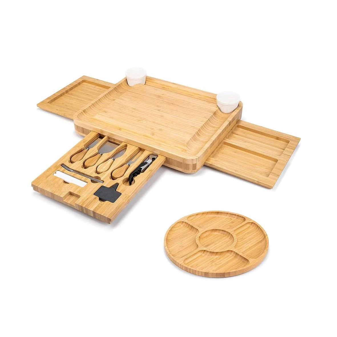 Лидер продаж 2024 Бамбуковая разделочная доска для сыра и набор ножей мясная с набором 2 ящика