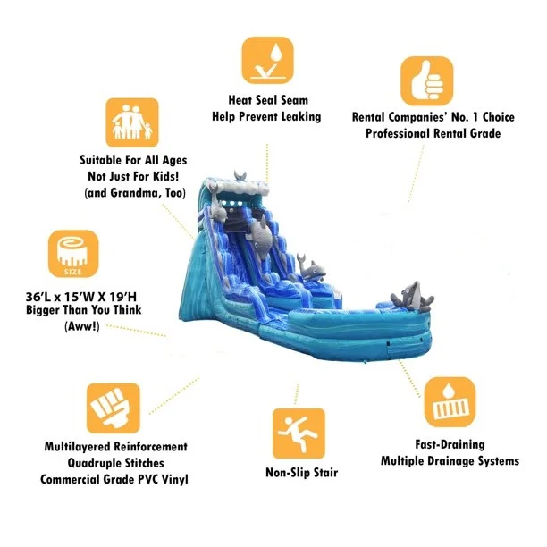 Dolphins Commercial Grade Inflatable Slide with Detachable Deep Pool | For Adults and Kids | Includes Blower, and Storage Bag