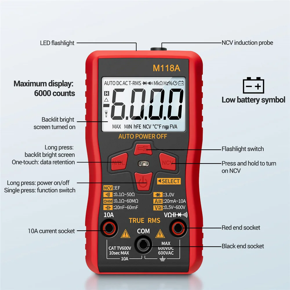 Electrical Instruments Digital Multimeter Smart Tester Mini M118A with NCV Data Hold Flashlight Auto Mmultimetro True Rms Trani