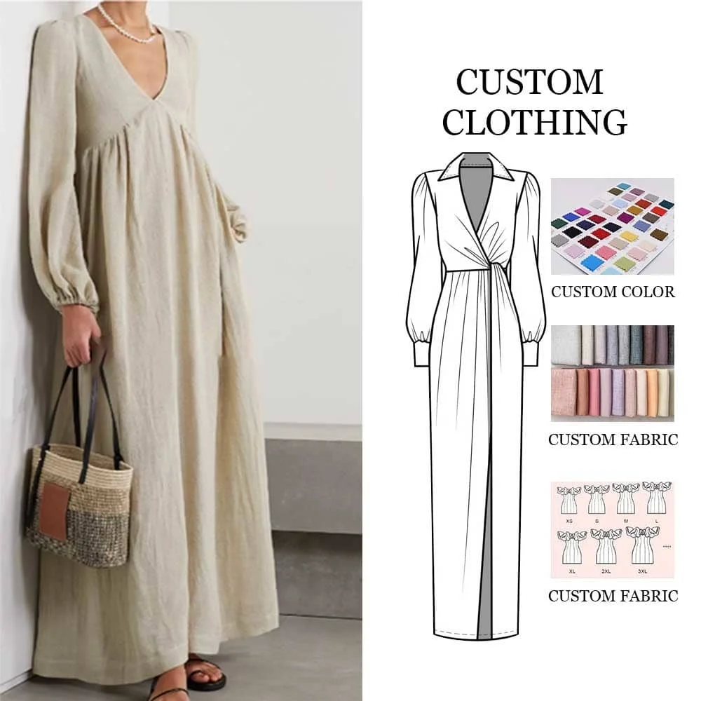 2024 trending products custom high-end fall clothes OEM elegant Maxi Ladies long sleeve Women dress casual 100% Linen Dresses