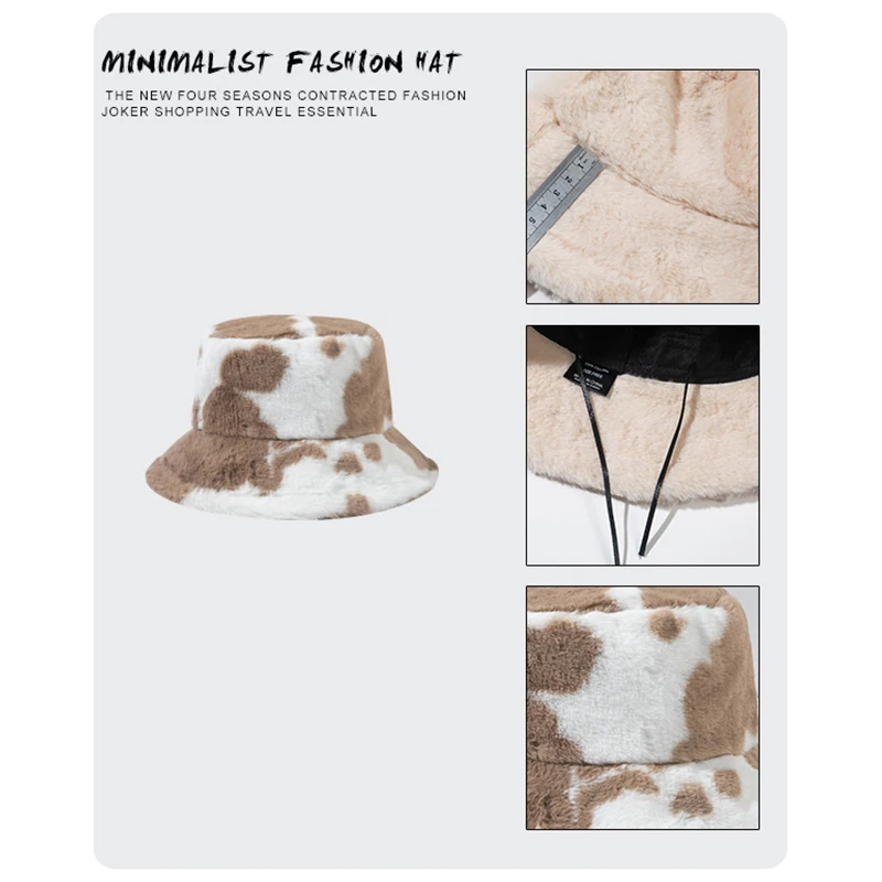 Wholesale Custom Cow Pattern Fuzzy Warm Fisherman Hat Winter Thickened Faux Rabbit Wool Fluffy Plush Bucket Hat