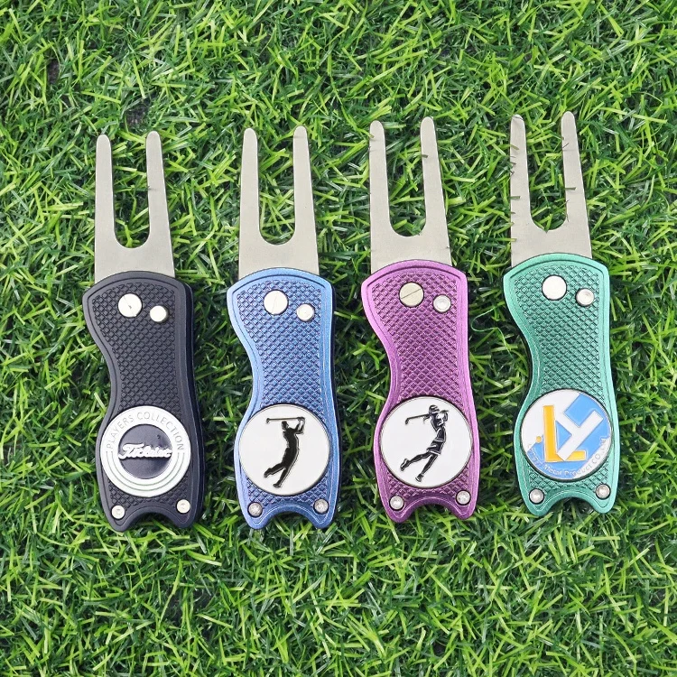 China foldable stainless steel zinc alloy blank golf bulk cheap metal switch blade divot repair tool switchblade marker