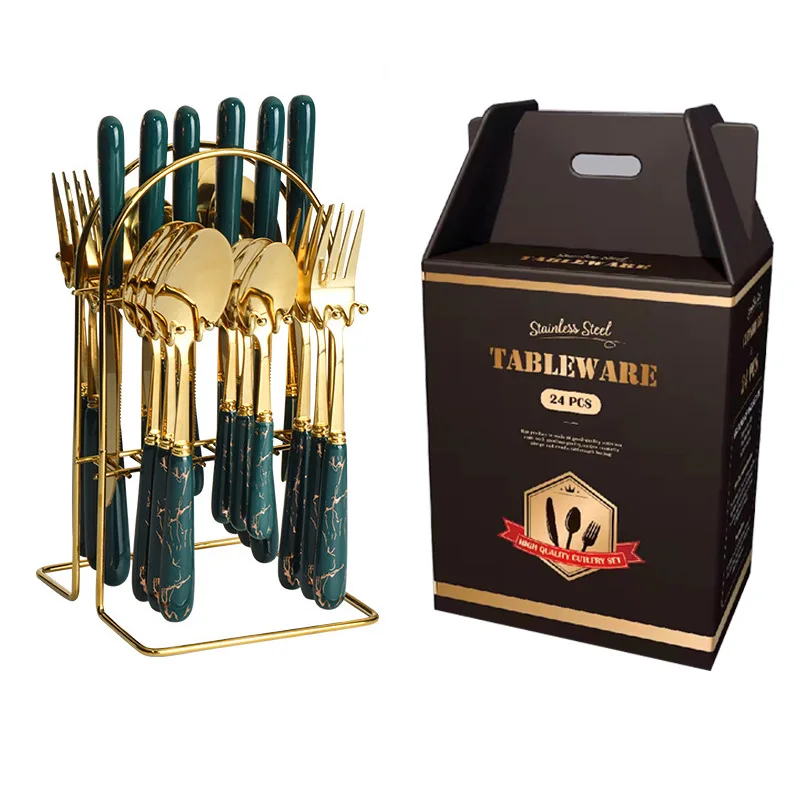 In Stock Kitchen Reusable Edible Stainless Steel Rack Holder Wholesale Knife Fork 24pcs Cutlery Set with Stand