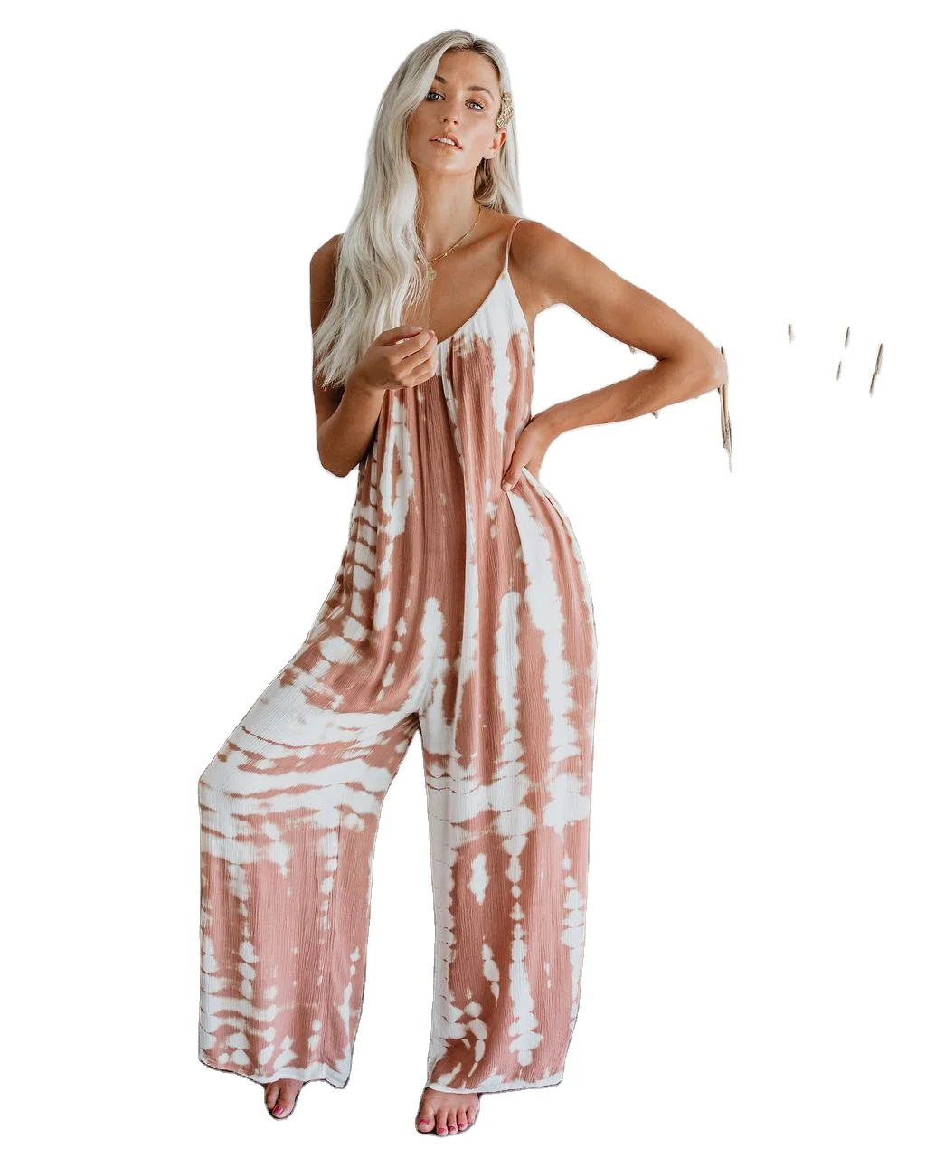 New Design Wholesale V-neck Print Sexy Wide-leg Sleeveless Jumpsuits With Straps Women Wear Suspender Casual Jumpsuit