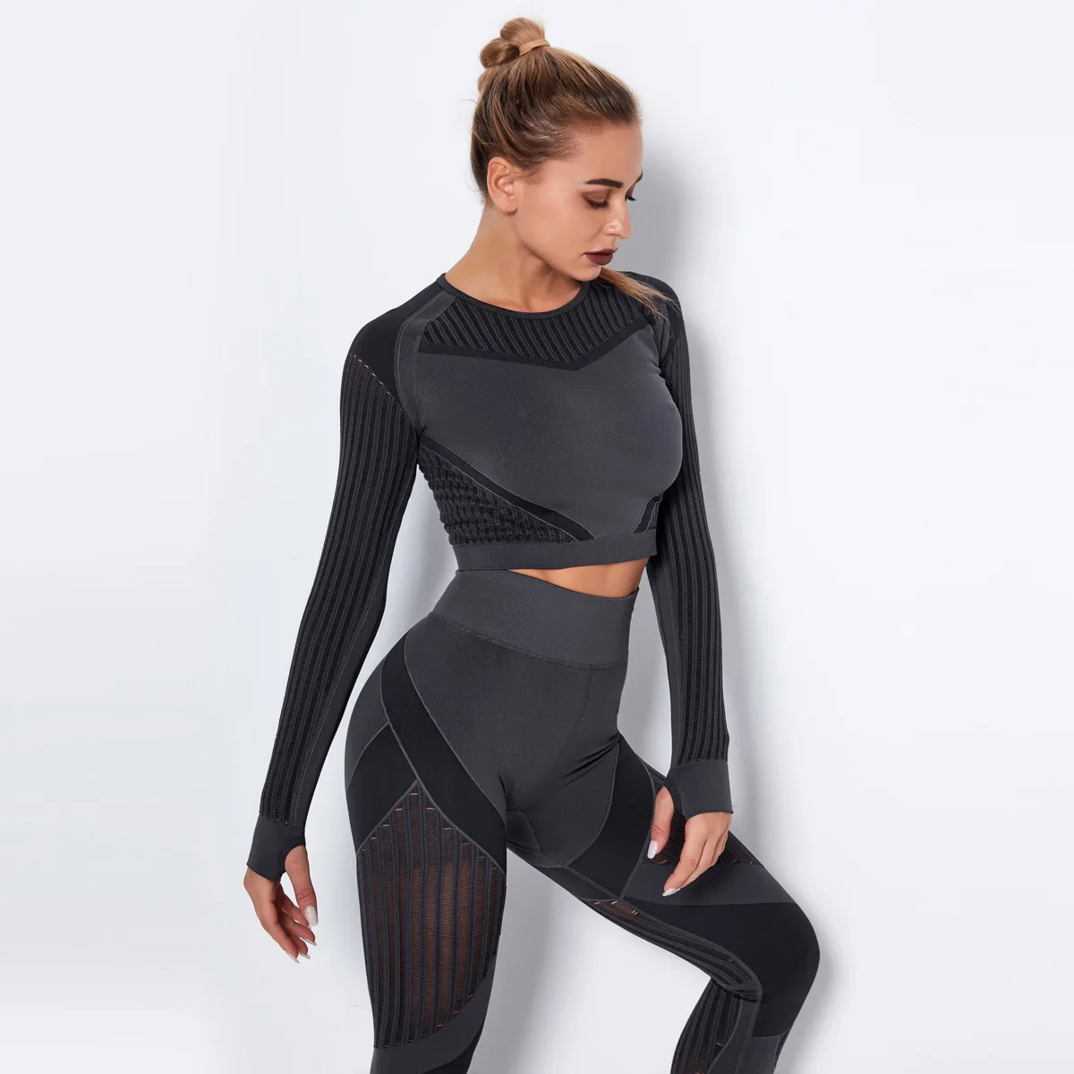 Two Piece  Women High Waist Tight Sport Wear Yoga Set Suit Activewear Yoga Set long Sleeve Crop Tops  with thumb hole