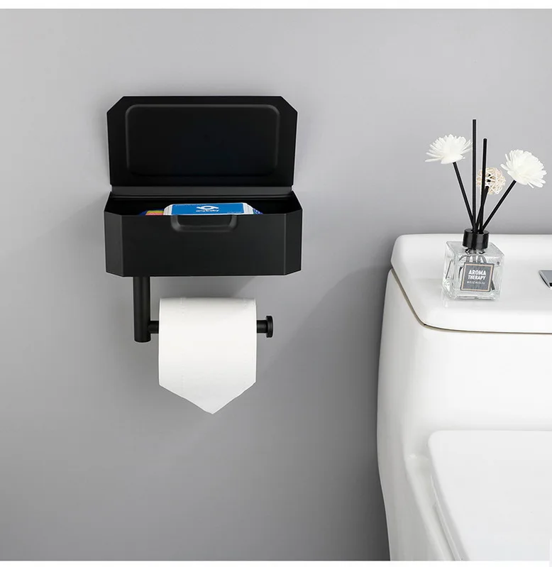 WEKIS WC Toilet Rolhouder Zwart Toilet Rol Papier Toiletpapier Houder Toiletrolhouder  Met Telefoonplankje Met Plankje Met Doos